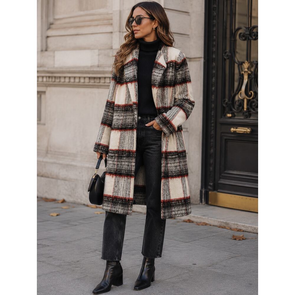 Joe's Jeans Alister Plaid Cream/Charcoal/Red Wool Blend Long Coat - Size XS - Picture 2 of 10